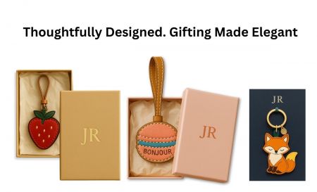 Premium custom leather keychains from JR Fashion Accessories presented in elegant branded gift box packaging.