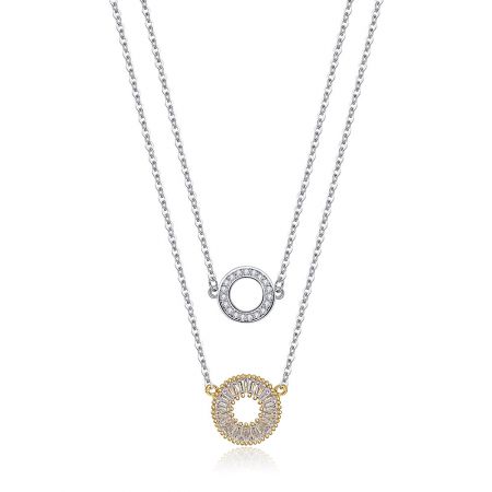 Collar de gota en círculo de CZ bicolor. - Elegante collar de capas bicolor con colgantes de gota en círculo de zirconia cúbica brillante.