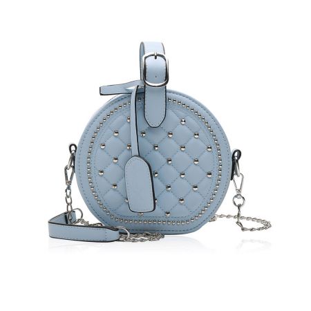 Light blue quilted PU leather handbag with silver studs and dual strap options.
