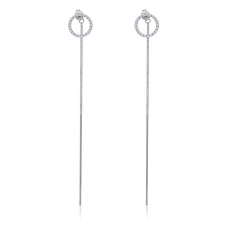 Lange Dangle Chain Bar Oorbellen - Een paar lange dangle chain bar oorbellen in 925 sterling zilver, met sprankelende cubic zirconia bezette ronde bovenkanten en elegante kettingverbonden staven.