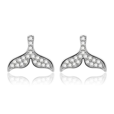 Whale Tail CZ Stud Earrings - A pair of elegant whale tail stud earrings in rhodium-plated brass, intricately detailed with sparkling cubic zirconia stones.