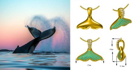 Maßgeschneiderte Designkonzeption für eine Meerjungfrauen-Schwanz-Anhänger-Halskette aus Gold und Türkis.