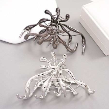 Halloween Zinc Alloy Hair Clips with Silver & Black Spider Web Design - Two metal claw hair clips, including one with a silver and black Halloween spider web design.