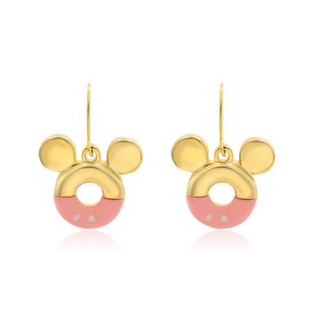 Pendientes de Oro de Mickey Mouse Personalizados en Rosa - Un par de pendientes personalizados en forma de orejas de Mickey Mouse con un acabado dorado y un incrustado de epoxi rosa, exhibidos sobre un fondo blanco.
