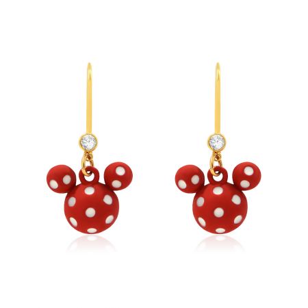 Pendientes de Mickey Mouse: Pendientes colgantes al por mayor - Un par de pendientes en forma de cabeza de Mickey Mouse rojos con lunares blancos, que cuentan con ganchos de pescado chapados en oro y piedras de circonio cúbico brillantes.