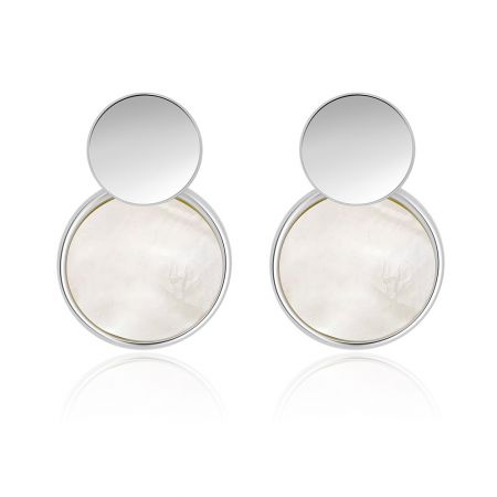 White Disc Shell Rhodium Plated Earrings - A pair of modern White Disc Shell Rhodium Plated Earrings, showcasing a minimalist two-part design with a lustrous mother-of-pearl disc.