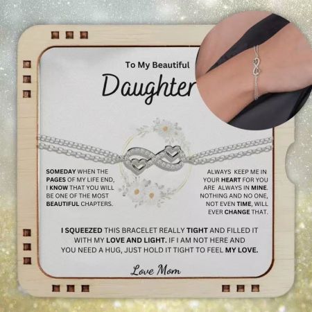 A sentimental gift set showing the bracelet and a message of love from mother to daughter.