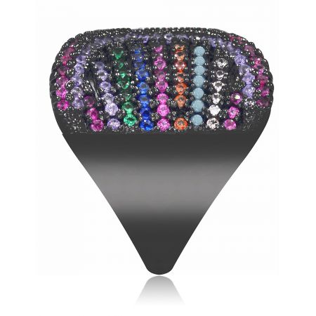 Summer Dazzle Multi Color Cocktail Ring - Front view of the Summer Dazzle Multi-Color Cocktail Ring, showcasing its black hematite plated band and vibrant, vertically arranged cubic zirconia gemstones.