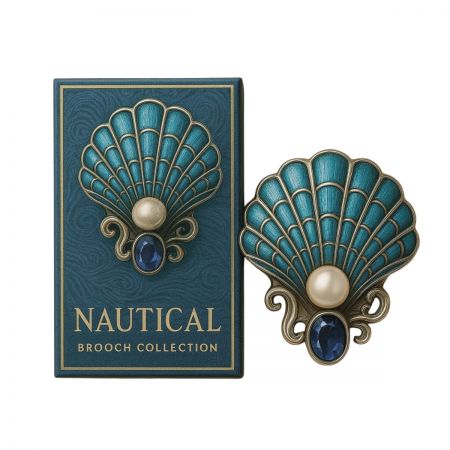 Un broche de temática náutica presentado con su elegante empaque personalizado, ideal para regalar o para venta al por menor.