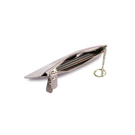 Versatile pale pink trifold wallet featuring multiple card slots and a gold chain.