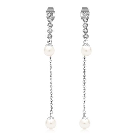 Boucles d'oreilles en perles pendantes avec longues vestes en perles. - Boucles d'oreilles en perles élégantes avec longues vestes en perles pendantes, dotées d'un plaquage en rhodium argenté, de perles blanches et de pierres en zircon cubique étincelantes.