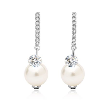 Pearl Drop CZ Dangle Earrings - Close-up of elegant Pearl Drop CZ Dangle Earrings, featuring a lustrous white pearl and sparkling cubic zirconia set in rhodium-plated metal.