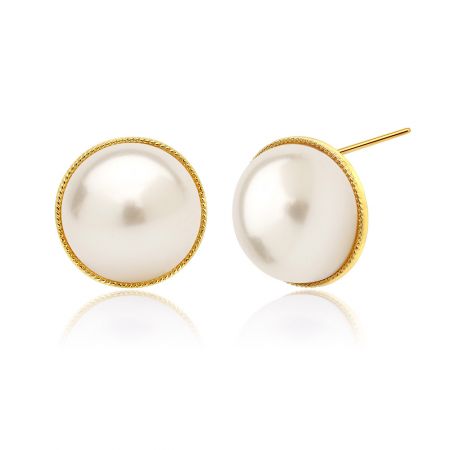 Side angle of the imitation half-pearl button earring, highlighting the post closure and construction.
