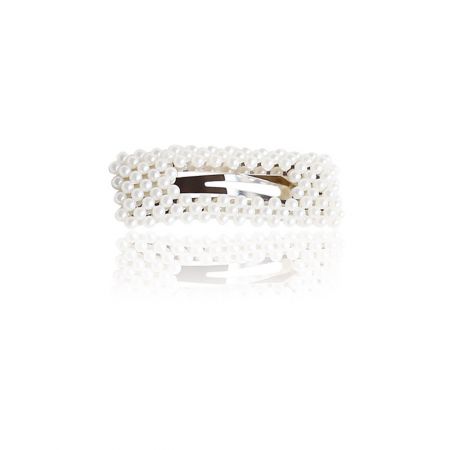 Horquilla de perlas, clip de cabello rectangular. - Elegante horquilla rectangular de perlas (JRA-001) con un clip seguro, presentada en un acabado dorado clásico.
