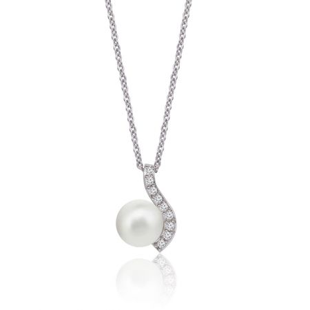 Curved Wave Pearl Trendy Necklace - Close-up of the Curved Wave Pearl Trendy Necklace, showcasing the rhodium-plated pendant with a white pearl and sparkling cubic zirconia accent.
