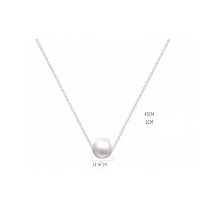 Silver shell pearl necklace with detailed measurements for the chain and pendant.