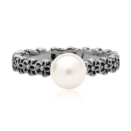 Bijoux en argent sterling Bague Perle Élégante Beauté - Bague Perle Élégante Beauté en argent sterling 925, avec une grande perle blanche sertie dans un anneau avec des découpes florales.