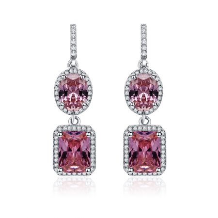 Pendientes de gancho de gota de doble piedra preciosa rosa - Un par de pendientes de gancho de gota de doble piedra preciosa rosa con acentos de circonita cúbica brillante, que muestran su elegante diseño art déco.