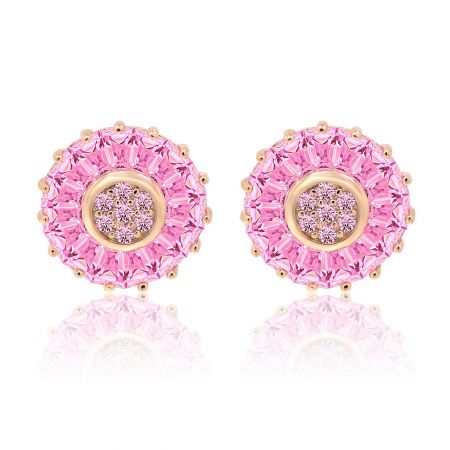 Pink Tone Flashed Round Stud Earrings - Front view of Pink Tone Flashed Round Stud Earrings, showcasing a circular design with a central cluster of pink cubic zirconia surrounded by larger stones, all set in polished rose gold plating.