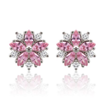 Boucles d'oreilles en fleur Pinky - Une paire de boucles d'oreilles en fleur Pinky avec un design floral, présentant des pierres en zircon cubique roses et blanches serties dans du laiton plaqué rhodium.