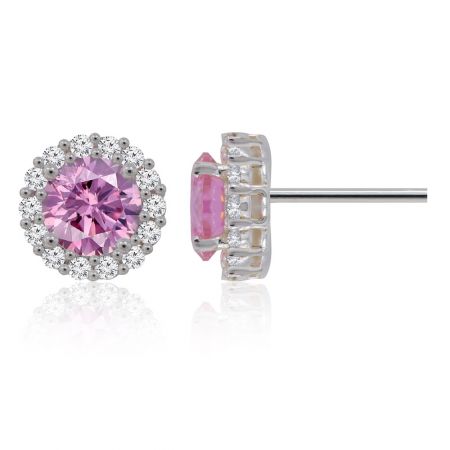 Angle latéral des boucles d'oreilles en argent plaqué rose mettant en valeur l'éclat de la pierre précieuse.