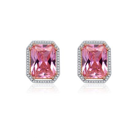 Rectangle Cushion Cut Pink Earrings - A close-up of the Rectangle Cushion Cut Pink Earrings, showcasing the large central pink gemstone set in a two-tone rose gold and rhodium-plated setting with a halo of small clear stones.