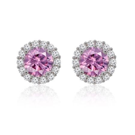 Boucles d'oreilles rondes en argent plaqué rose - Une paire de boucles d'oreilles rondes en argent plaqué rose avec un zircon cubique rose central entouré d'un halo de cristaux transparents.