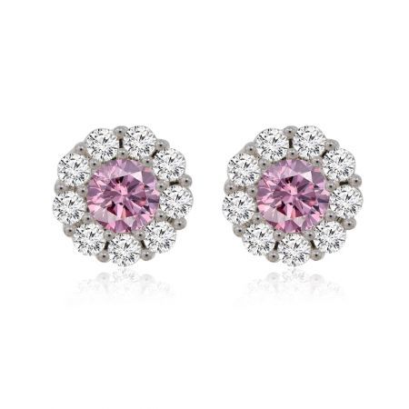 Pendientes de botón redondos clásicos en rosa de 10MM - Un par de pendientes de botón redondos clásicos en rosa de 10MM con un zirconia cúbico rosa central rodeado por un halo de piedras claras, montados en latón chapado en rodio.
