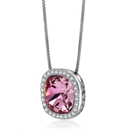 Close-up of the clasp and chain of the square pink crystal necklace.