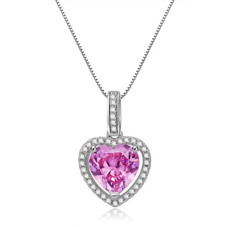 Glow Pink Heart-halsband med en stor rosa ädelsten på en silverkedja.