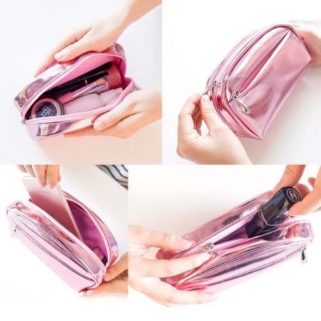 さまざまな化粧品を収納できる広々とした内部を示すピンクのメイクバッグのオープンビュー。