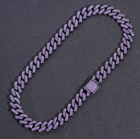 Showcase of the brilliant purple cubic zirconia stones on the custom Cuban link chain.
