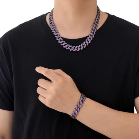 Custom Cuban link chain in a striking purple and silver finish.
