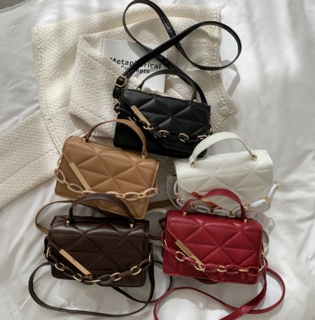 Collection of quilted PU leather handbags available in six different colors.