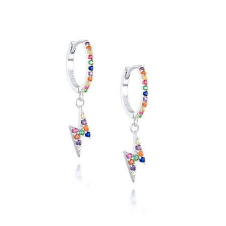 Un paio di orecchini a cerchio a forma di fulmine in argento sterling 925 con pietre in zirconia cubica color arcobaleno, che mostrano l'opzione di placcatura in argento.