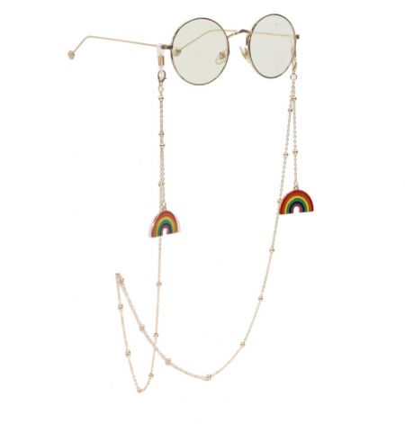 A stylish demonstration of the Rainbow LGBT Pride eyeglass chain in use, holding a pair of black-framed glasses.