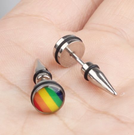 Detailed view of a silver-plated Rainbow Pride Spike Stud Earring, highlighting the quality of the rainbow enamel detail.