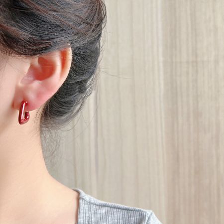 14k Gold Plated Red Enamel Triangle C-Shape Stud Earrings - Close-up of a 14k gold plated C-shape stud earring with a vibrant red enamel finish.