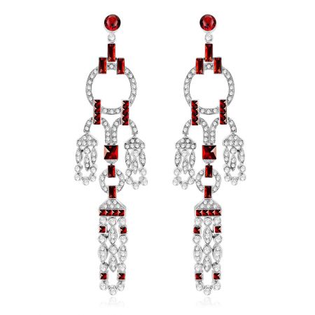Wholesale Price Vintage Extra Long Zirconia Earrings - A pair of vintage-style extra long zirconia earrings (JRE-039) made of rhodium-plated silver metal, featuring an intricate Art Deco design with brilliant red and clear cubic zirconia gemstones.