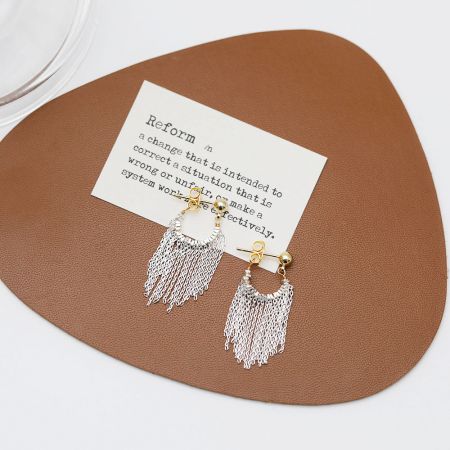 Photo produit des boucles d'oreilles à franges avec une carte de définition, parfaites pour une présentation en magasin.