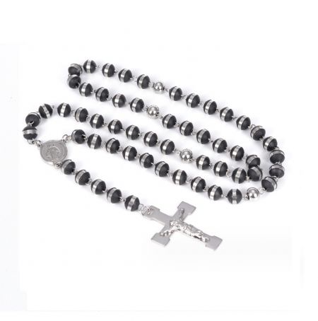 Collar largo de cruz de cuentas para hombre - Collar largo de cruz de cuentas para hombre, que presenta un rosario con crucifijo plateado, cuentas negras y acentos plateados.
