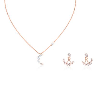Conjunto de chaquetas de aretes perforados de luna y estrella de cristal y collar. - Conjunto de joyería de luna y estrella en oro rosa con colgantes en forma de media luna y piedras preciosas de circonio cúbico claras.