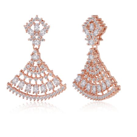 Side angle of the Sweet Rose Fan Drops earrings highlighting the peacock-inspired fan design and rose gold finish.