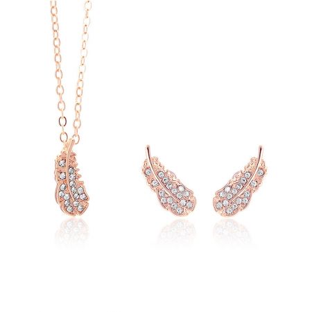 Conjunto de collar y pendientes de cristal de pluma - Conjunto de joyería en forma de pluma de oro rosa con piedras preciosas transparentes, perfecto para ropa de novia o accesorios de moda.