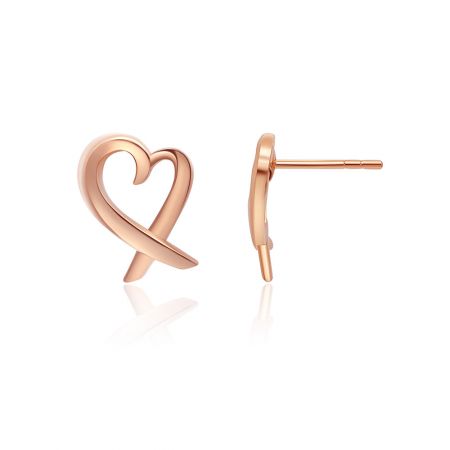 Vue latérale des boucles d'oreilles à clou "Ouvrez vos cœurs" en or rose montrant l'arrière en style tige et le détail du symbole de l'infini.