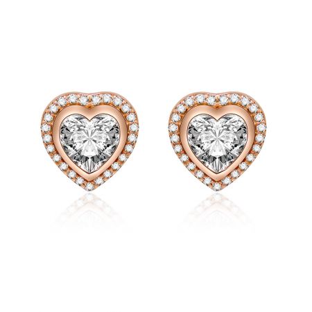 Rose Gold Heart Ear Studs - A pair of Rose Gold Heart Ear Studs made from 925 sterling silver, featuring a double-layered heart design encrusted with sparkling white cubic zirconia crystals.