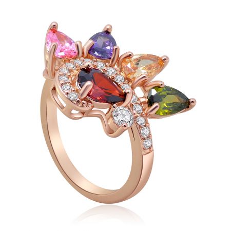 Detailed top-down view of the multi-colored cubic zirconia stones arranged in a floral pattern on the rose gold ring.