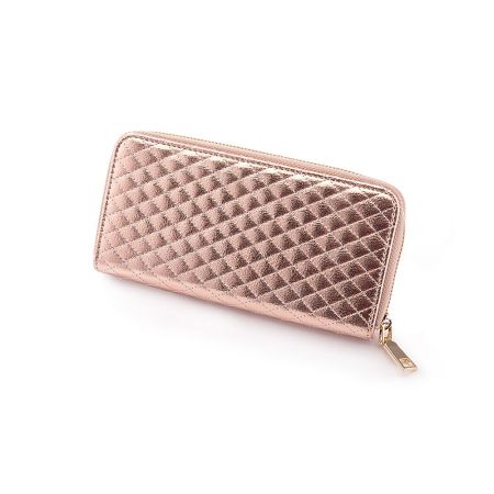 A rose gold version of the quilted PU leather wallet, highlighting its elegant color.