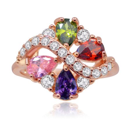 Multicolor Cubic Zirconia Spiral Ring - A close-up of the multicolor cubic zirconia spiral ring, showcasing its vibrant gemstones and elegant rose gold plated finish.