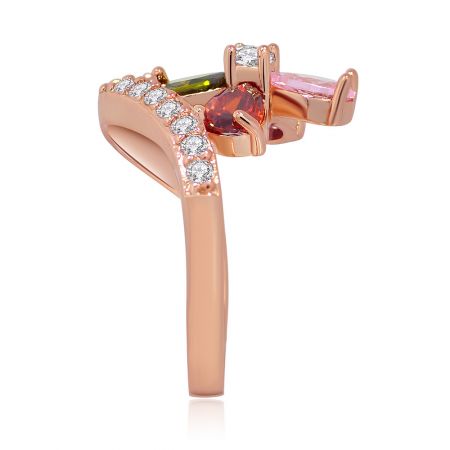 Top-down view of the Flower Rose Gold Waves Ring, displaying the full arrangement of multi-colored gemstones.